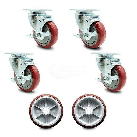 Regency 600UBCKIT6 U-Boat Utility Cart Caster and Wheel Full Replacement Set - Includes 4 Swivel Red Casters with Brakes and 2 Wheels - Service Caster Brand